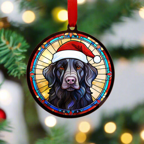 Flat Coated Retriever in Santa Hat Suncatcher Decoration